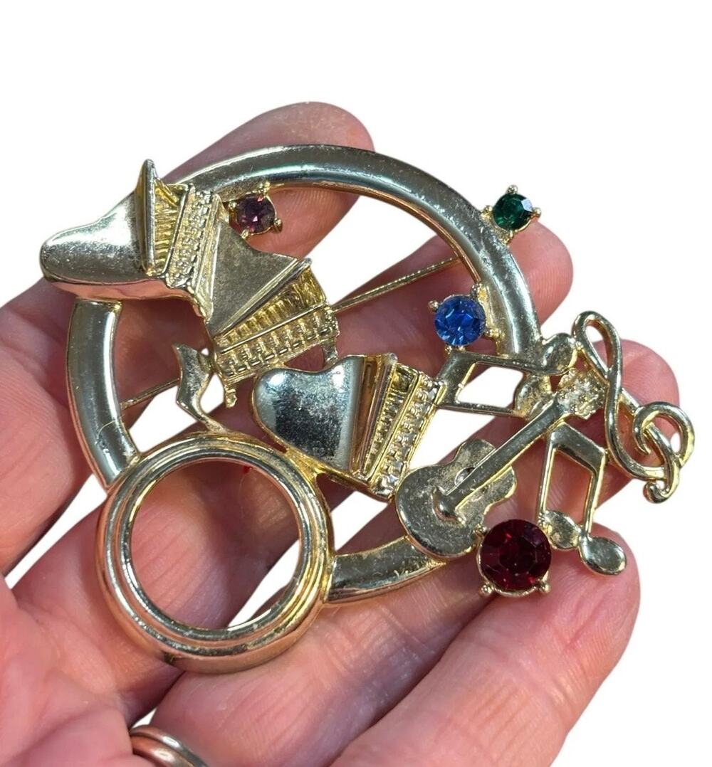 Vintage Music Theme Brooch Rhinestone Guitar Horn Musical Notes Pin